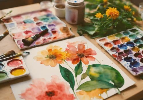 Atelier créatif artistique avec des matières et couleurs.
